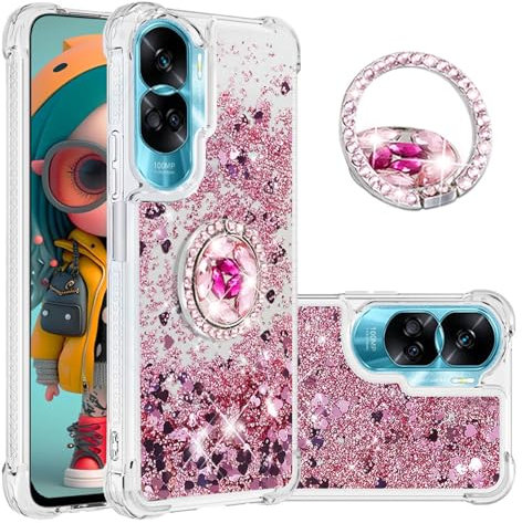 Ysnzaq Liquid Case for Honor 90 Lite 6.7, Soft Silicone TPU Glitter Cover Bling Sparkle Quicksand Flowing Shockproof with Kickstand Case for Honor 90 Lite.YBZ Rose Gold