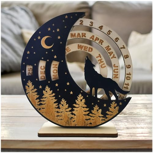Calendrier perpétuel créatif rotatif en forme de disque lunaire - ENCIMART - Mini calendrier en bois - 15,2 cm - Décoration de bureau - Accessoires de bureau pour la maison et le bureau - Réutilisable