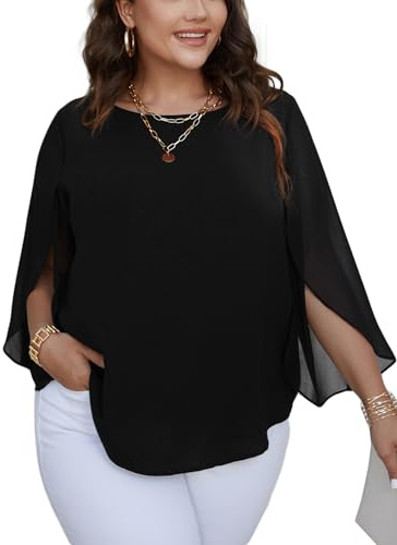 SCOMCHIC Plus Size Blouses for Women Summer Chiffon 3/4 Sleeve Tunic Tops Dressy Scoop Neck Casual Loose Flowy Shirts Black