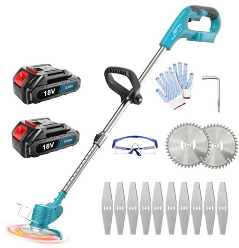 Cordless Grass Trimmer and Lawn Edger,with 2 x 3.0Ah Battery and Charger,Includes 10x Metal Blades,2 x saw blade,90° Head pivots,Adjustable Height,for garden weed removal