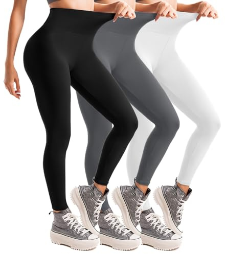 Leafigure Lot de 3 leggings taille haute pour femme, pour le sport, la gym, le yoga, Noir/blanc/gris., XXL