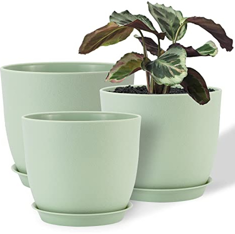 FORAGIFT Set med 3 blomkrukor 25/23/20 cm, moderna plastkrukor med dräneringshål och underlägg, grön, dekorativa krukor för inomhusväxter