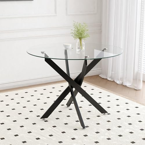 GOLDFAN Table Ronde Salle a Manger, Table en Verre Trempé Transparente Petite Espace avec Base en X Diamètre 80cm