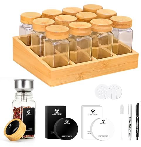 DSUID Eco-friendly wooden spice rack with 12 bamboo compartments | 12 120ml spice jars Drawer Organiser | spice rack with jars German spice labels spice organise