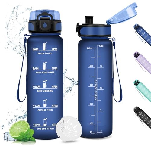 KollyKolla Trinkflasche 500ml, Wasserflasche Auslaufsicher, Trinkflasche Sport, Wasserflasche Kohlensäure Geeignet, Sportflasche mit Zeitmarkierungen, Sportflasche für Gym, Scuola, Ciclismo, Outdoor
