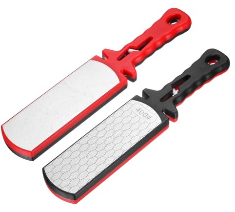 sourcing map 400/1000 Grit Handheld Diamond Sharpening Stone Double-Sided Whetstone 5-in-1 Sharpener Tool with Ceramic and Tungsten Steel Scissor Slot for Kitchen, Black Red, 2pcs