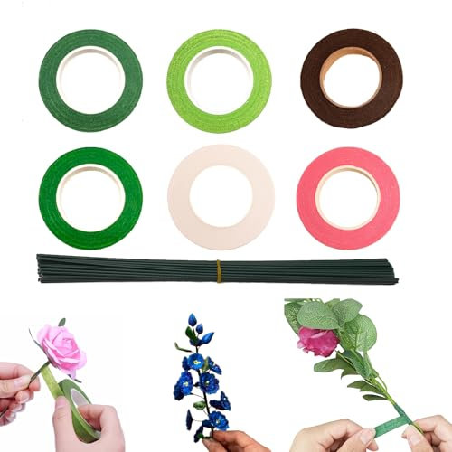 6 Farben Rollen Floristenband, 50 Stk Blumendraht(2mm*30cm), Blumendraht Zum Basteln,Blumenband(Dunkelgrün, Hellgrün, Kaffee, Weiß, Rosa,Fruchtgrün) für Wrapping Blumensträuße Und Floralen Handwerken