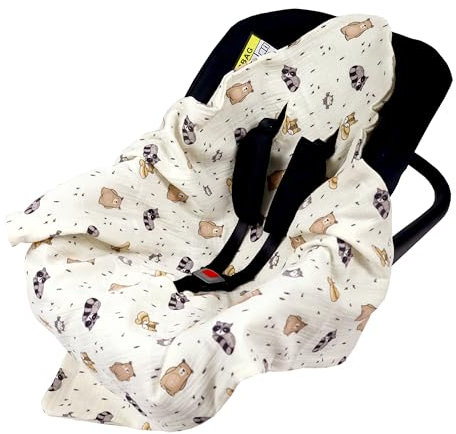 Babylux Einschlagdecke für Babyschale Autositz 80x80 cm – Sommer Babydecke aus Musselin Baumwolle – Atmungsaktiv, mit Gurtschlitzen (D5 Tierchen)