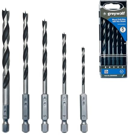 Greywolf 5 pcs Brad Point Wood Drill Bit Set, Double Slot Design, 1/4 Quick Change Hex Shank with Index Box, for Woodworkers and DIY Enthusiasts (3/4/5/6/8mm)