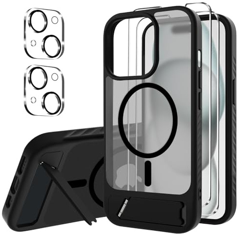 jrester Cover Magnetica per iPhone 15 con Supporto Integrato -con 2 vetri temperati e 2 vetri per fotocamera, Translucent Slim Back PC+TPU Bumper Shockproof- Nero Opaca