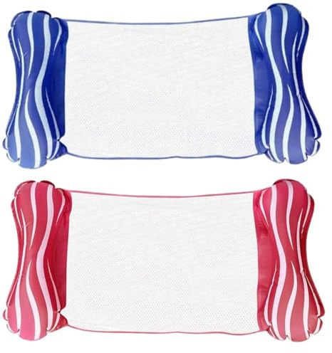 Aufblasbare 4-in-1 Wasserhängematte, Schwimmliege & Poolmatratze, 112X62 cm, ergonomisch & faltbar, bis 113 kg, für Erwachsene, Pool, Strand, Urlaub, 1 oder 2 Stück, Farben Rosa&Blau