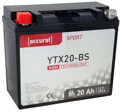 Accurat Motorradbatterie YTX20-BS, AGM, 12V 20Ah, wartungsfrei, zyklenfest | kompatibel mit YTX20-4, geeignet für Quad, rüttelfest, Starterbatterie, Erstausrüsterqualität, vorgeladen