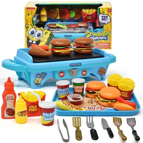 SpongeBob SquarePants Kitchen Toy Kids BBQ Play Grill Krusty Krab Cooking Playset with Lights and Sounds Krabby Patty Burgers Kelp Fries Shake Condiments Cooking Utensils Food Accessories Boys Girls