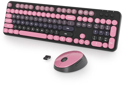 Vumilstek Black Pink Keyboard and Mouse Set Wireless, American QWERTY Retro Typewriter 2.4GHz Full Size Round Keys with Number Pad for Students Home Office PC Laptop(Berry Powder)