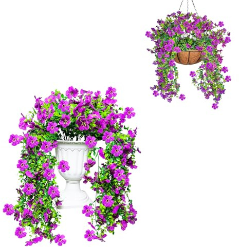 Fycooler 2 flores colgantes artificiales resistentes a los rayos UV, ramo de flores colgantes violetas, plantas colgantes para pared, hogar, jardín, patio, boda, decoración interior y exterior