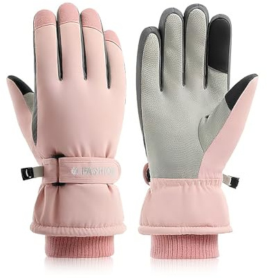 FuninCrea Guanti da sci invernali da donna, impermeabili, per touchscreen, antivento, caldi, antiscivolo, per sci, corsa, snowboard (rosa)