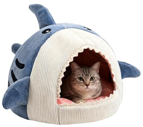 Höhlenbett – Hai Plüsch mit rutschfestem Boden | warmes Winterbett für Katzen, entzückende Höhle, für Welpen, kleine Hunde, Innenschlafzimmer, Schlafzimmer, Wohnzimmer, Balkon, Winter