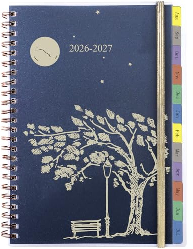 Kalender 2026 2027 veckoplaner A5-ringbok med färgade flikar, anteckningar, kontakt, innerficka, spiralbindning, skolkalender 2026/27 (aug. 2026–jul. 2027), bokkalender 1 vecka 2 sidor, mötesplanerare