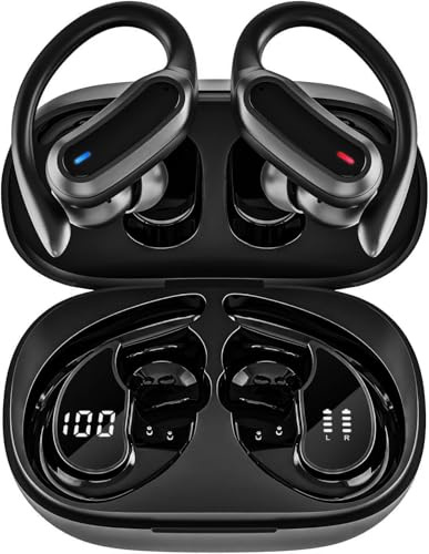 TRAUSI Bluetooth Headphones, True Wireless Earbuds with IPX7 Water Resistant, Noise Cancelling Mic, Type-C Fast Charging Earphones with Ergonomic Ear Hooks for Sports, Running (Deep Black)