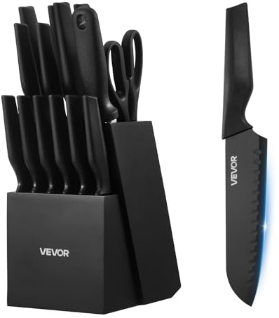 VEVOR Juego de Cuchillos de Cocina con Bloque de Madera y Afilador, con Cuchillos Afilados de Acero Inoxidable de Alto Carbono, con Mango Ergonómico de PP, Hoja 5CR15MOV, 15 Piezas, Color Negro