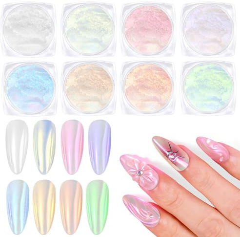 Weiße Pearl Chrome Nail Powder BISHENGYF – 8Pcs Transparent Aurora Ice Shimmer Chromfarbener Nagelpuder Metallic Spiegel Effekt Neon Chrome Pigment Pulver für Nägel Glazed Donut Glitzerpuder