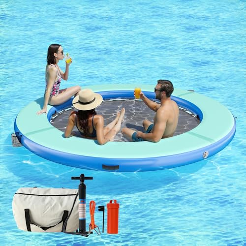 SPECRAFT 8FT Inflatable Water Hammock Round Floating Dock with Mesh, Tanning Pool Floating Rafts for Adults, Inflatable Raft Float Ring Platform with Mesh Pocket for Lake Beach Party