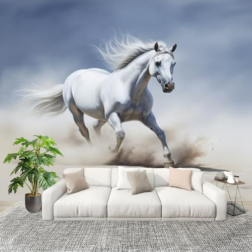 Sala de Estar Mural 250x175cm Animal Blanco PatróN De Caballo Tejido No Tejido Fotomurales Azul Mural Se aplica a Pared Panorámico Para Dormitorio TV Pared Murales Póster