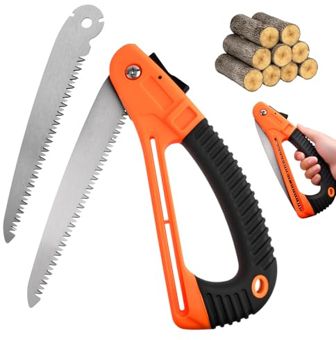 GOLD DEER D-Handle Folding Hand Saw with Ergonomic Grip, 7 High Carbon Steel Blade + 1 Extra Replacement Blade for Tree Pruning, Camping, Wood Cutting & Gardening