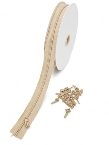 Nähmit Endlos-Reißverschluss 10m Rolle inkl. 20 Schieber Spiral-Reißverschluss Meterware mit schmaler Verzahnung, für Bettwäsche, Kissen, Taschen, Mäppchen (572 - sand)