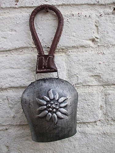 Deko-Impresion Klangvolle Kuhglocke, Glockenschelle, Eisen, grau Lederband, 25 cm