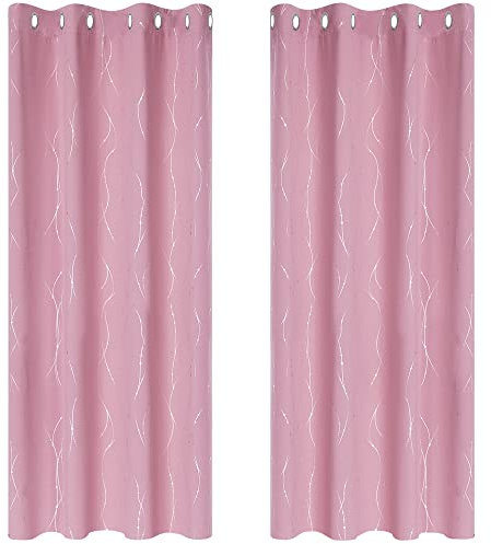 Deconovo Pink Curtains, Super Soft Dotted Line Foil Printed Thermal Insulated Window Treatment, Kids Curtains, Eyelet Blackout Curtains for Bedroom, 46 x 54 Inch(Width x Length), Pink, 2 Panels
