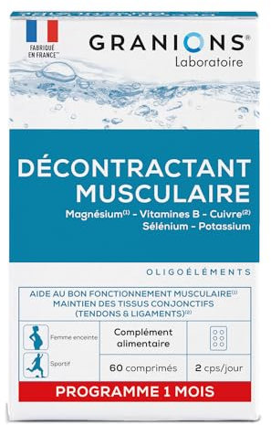 GRANIONS Décontractant Musculaire Crampes, gênes, raideurs musculaires Magnesium, Vit B, Cuivre, Selenium, Potassium Pour toute la famille Fabriqué en France 60 comprimés