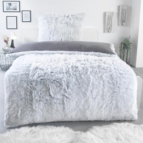 BaSaTex Flokati Polar Fleece Bettwäsche 135x200 cm 80x80 cm 2-teilig Fellimitat Bett Garnitur Anthrazit Weiss