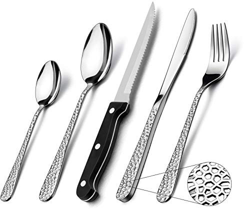Homikit Cutlery Sets with Steak Knives, 30 Piece Stainless Steel Hammered Flatware Set Service for 6, Elegant Silverware Include Forks Knives Spoons, Mirror Finished & Dishwasher Safe
