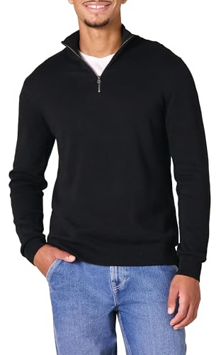 Amazon Essentials Herren Pullover mit Viertelreißverschluss aus 100% Baumwolle, Schwarz, L
