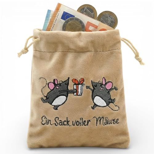 MIJOMA Geldgeschenk Verpackung Ein Sack voller Mäuse Beutel mit Stickerei aus Plüsch Geschenkverpackung für Geld Gutscheine Kleinigkeiten witzige Geldverpackung mit Zugband (beige)
