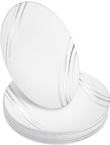 STACKABLES Lot de 20 assiettes en plastique dur ~ Assiettes plates de 22,9 cm ~ de service légères réutilisables ~ Service de table blanc avec motif argenté pour mariages et fêtes