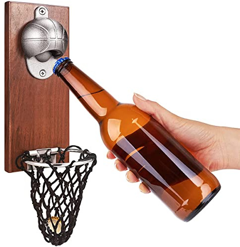 Ghopy Magnetic Basketball Bottle Opener, Wall Mounted Bottle Opener with Cap Catcher Collector Basketball Beer Opener for Basketball and Beer Lovers Use as Home Kitchen Gift Yard Bar Decoration