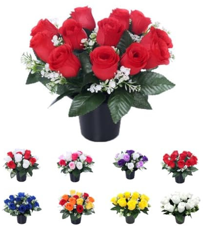 Mr. Barry’s Rose Artificial Flowers in Grave Flower Pots – UV-Resistant, Realistic, Long-Lasting Design for Cemetery, Grave Displays, Memorial Tributes, Home & Garden Floral Arrangements (Red)