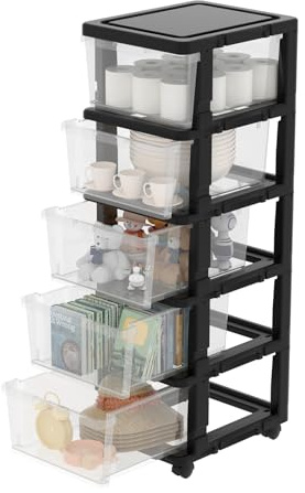 Cetomo Cassettiera in Plastica con Ruote, Cassetti di Stoccaggio, Cassetto, Torre per Casa, Ufficio, Armadio, Camera da Letto, Dormitorio, Smontabile, Scatola, PP, Trasparente e Nero (5 Cassetti)