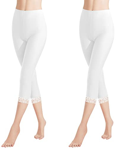 Libella Damleggings, 3/4 byxor med spets av bomull, capribyxor med hög midja, färgglada, smala träningsbyxor, flerfärgade, 4166, 2-pack vit, M