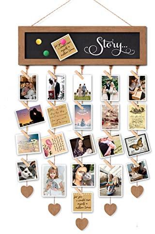 EXQUIDECA Picture Frames Collage Display Board with 30 Clips - Multi Photos Cards Organizer with Adjustable Twines and Magnetic Blackboard - DIY Wall Decor Hanging Picture Holder 15.7x5 Inches