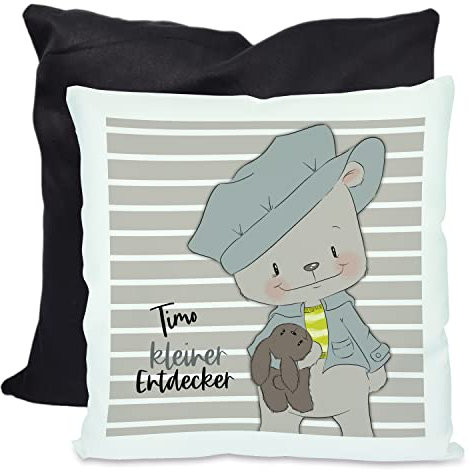 CreaDesign, Kinder Kissen 40x40 cm personalisiert mit Namen, Kinderzimmer Deko Kissen Kinder mit Füllung Federn, Motiv Hase Leon, Rückenfarbe Schwarz