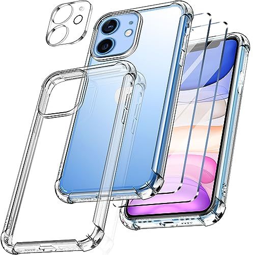New&Teck hülle für iPhone 11 (6.1) + 2 x [Displayschutzfolie aus Hartglas] und [1 x Schutzkamera] aus transparentem weichem TPU-Silikon [Bumper mit verstärkten Ecken], klarer Schutz.