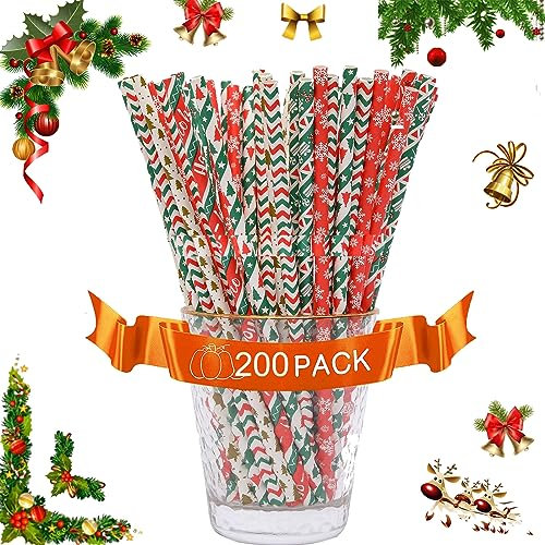 Bunte Papier Trinkhalme, 200 Stück Weihnachten Strohhalme eignen sich für Party, Geburtstag, Hochzeit