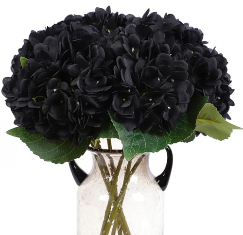 Kimura's Cabin Hortensien aus schwarzer Seide, lange Stiele, künstliche Blumen für Halloween, Tischdekoration, Bauernhaus, Hochzeit, Party, dunkler Blumenstrauß, Arrangement, Schwarz, 6 Stück