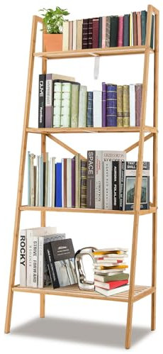 HOMASIS Scaffale Libreria a Scala, Scaffale Portaoggetti a 4 Livelli, Portalibri, Supporto per Piante in Bambù, Scaffalatura Multifunzionale per Cucina, Salotto, Studio, 60 x 35,5 x 148 cm, Naturale