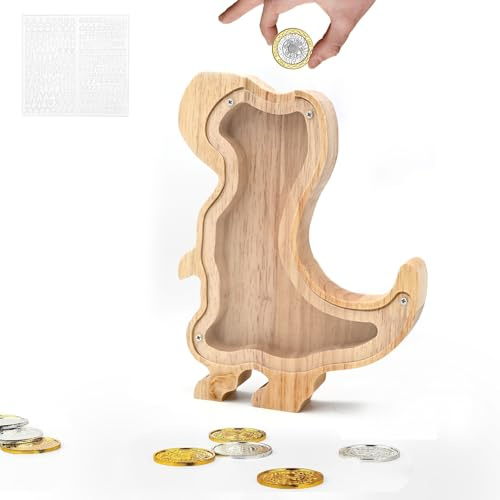 TOTHDATE Holz Spardose Kinder - Dinosaurier, Tiere Spardose mit Alphabet Aufkleber Hölzerne Münze Bank Kids Junge Home Decor