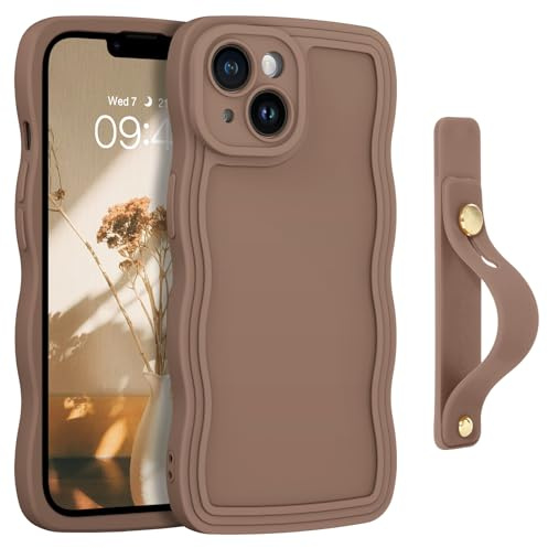 GUAGUA Compatible with iPhone 14 Case 6.1 Inch Cute Curly Wave Shape iPhone 14 Phone Case with Adjustable Wristband Kickstand Slim Soft TPU Shockproof Protective Strap Case for iPhone 14, Brown
