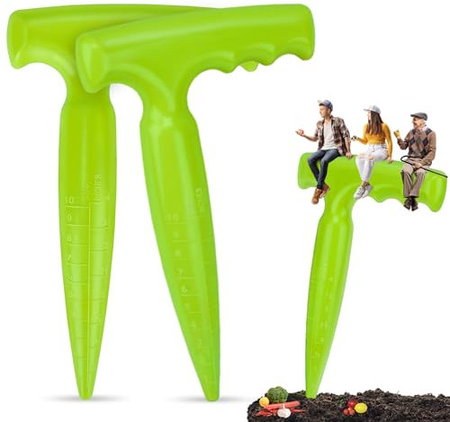 Milifox 2 Stück Blumenzwiebelpfanzer,Pflanzhilfe für Blumenzwiebein mit T-Griff,Pikierstab mit Tiefenmessung,Praktischer Zwiebelpflanzer Garten für Gemüse,Blumen und Zwiebelpflanze,Hellgrüin